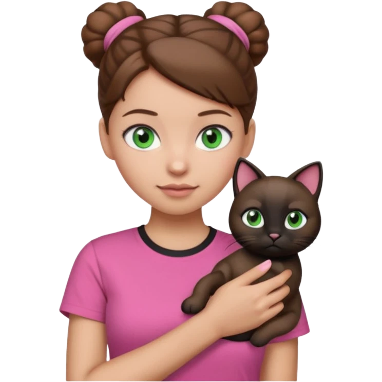 girl emoji with blue eyes, light skin, brown hair in a bun, wearing a pink t-shirt, holding a black cat with green eyes on her arm emoji