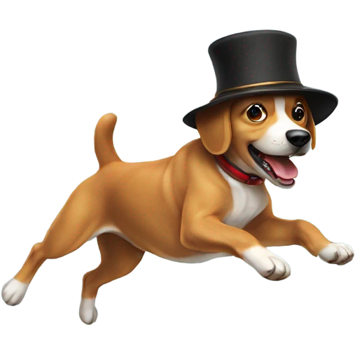 Dog jumping with a hat emoji