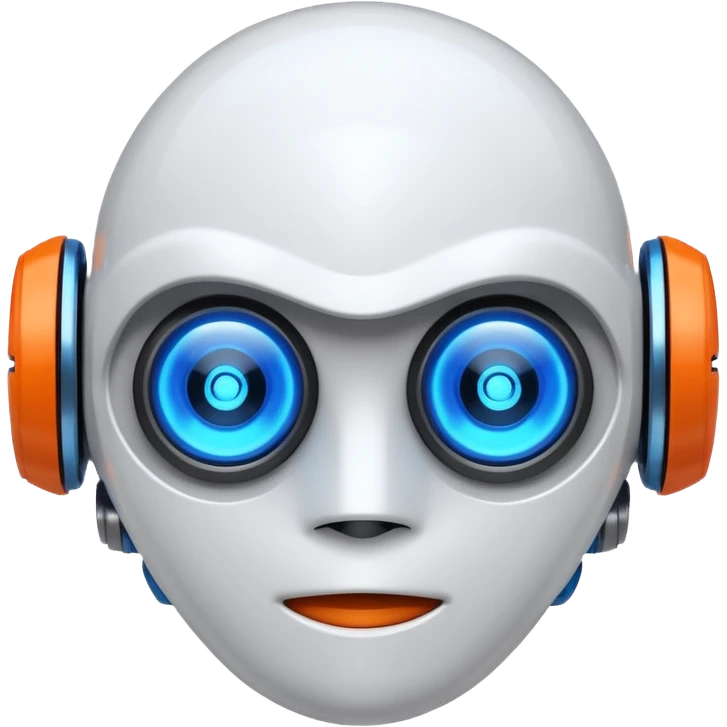 "Cartoon-style robot head with glowing blue eyes, white shell, orange-tipped arms, and blue gradient background" emoji