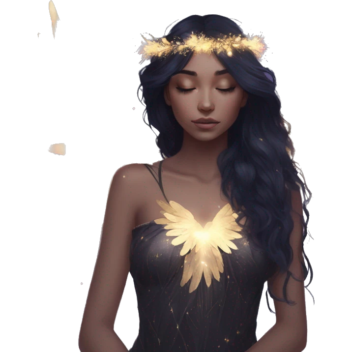 Black Raven wings bohemian girl Ethereal galaxy constellation girl angel raven wings black wings, gold arrow, nebula, flower crown, fairy lights, iridescent emoji