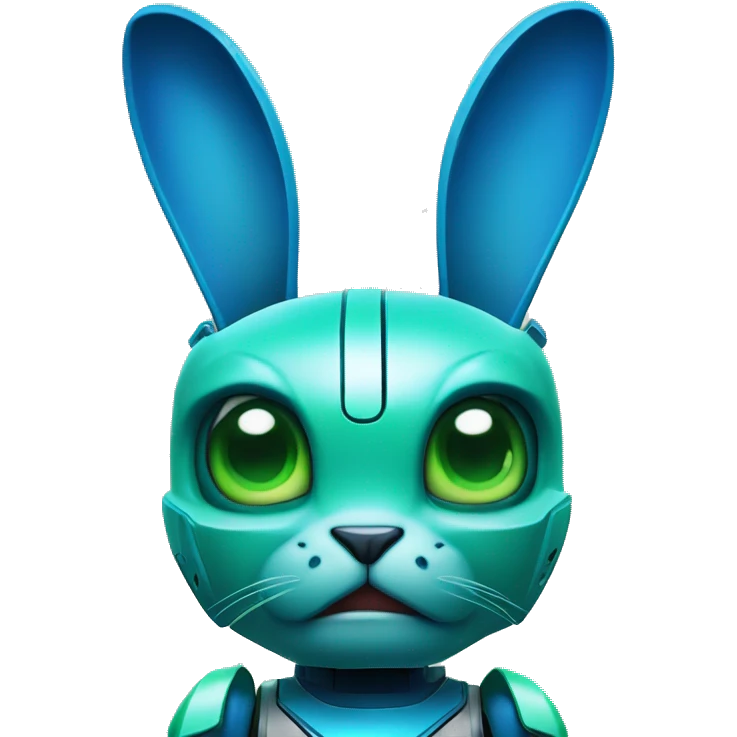 the  blue and green The robot rabbit with a fierce, determined expression, fist clenched in focus. emoji