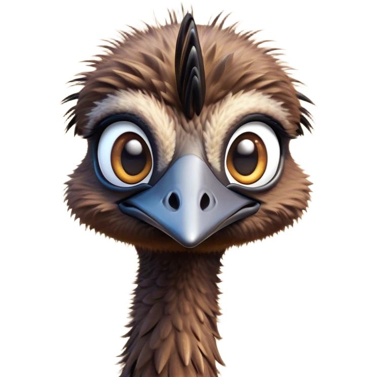 Cinematic Cute Emu Portrait Emoji, Head tilted playfully and inquisitively, featuring a glossy, textured brown plumage with a perky head and round, sparkling eyes full of curious wonder, Simplified yet irresistibly adorable features, highly detailed, glowing with a warm, friendly glow, high shine, affectionate and lively, stylized with a touch of outback whimsy, bright and endearing, soft glowing outline, capturing the essence of a mischievous yet loving emu, so playful it feels like it could gallop out of the screen into your arms! emoji