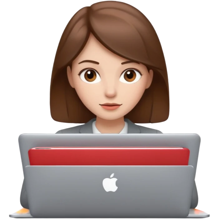memoji of a brown hair white skin female with a grey laptop in front, apple-style, modern emoji