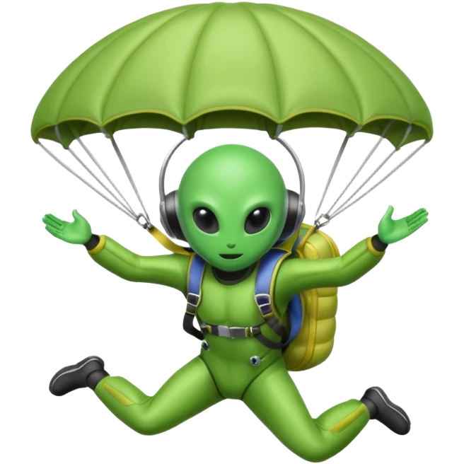 Skydiving alien with parachute and UFO emoji