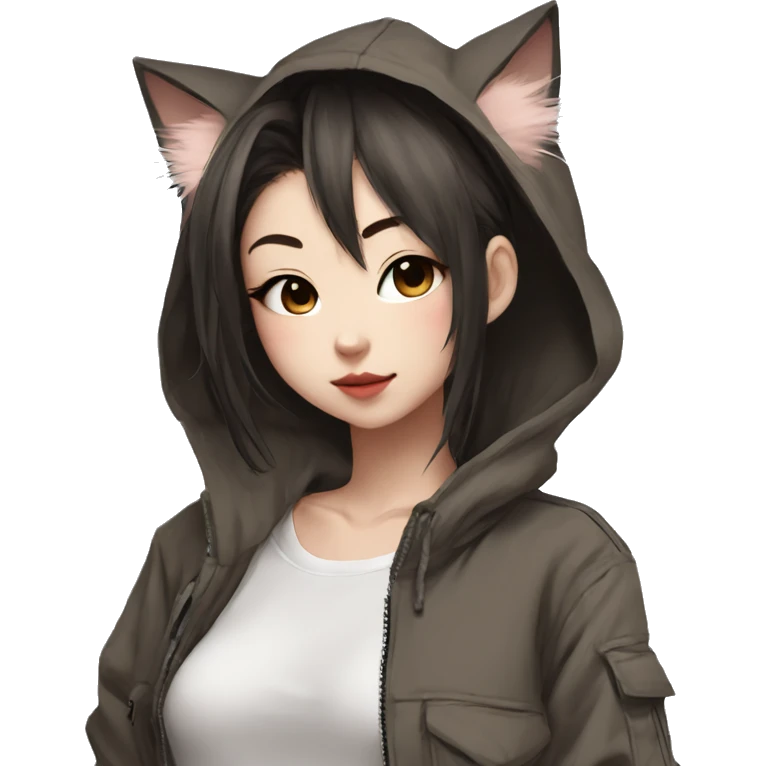 Edgy cool shy Asian urban beautiful pretty anime punk tomboy with cat ears techwear cargo pants hoodie brown hair collar  emoji