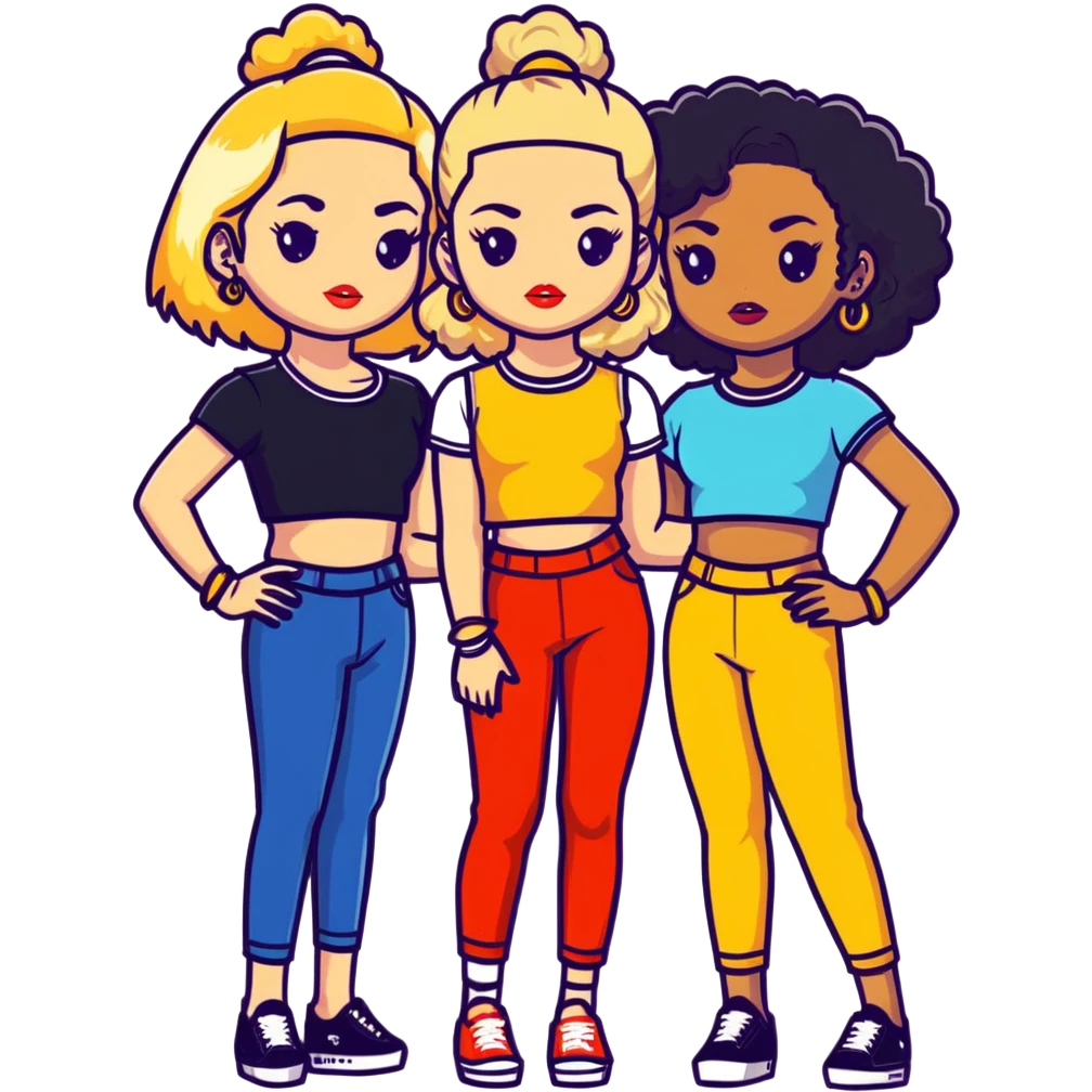 Full body of two teenage girls standing together, one white with straight blonde hair and one brown-skinned with curly black hair, both with heavy makeup, big lips, crop tops, gold jewelry and flashy choni style outfits emoji