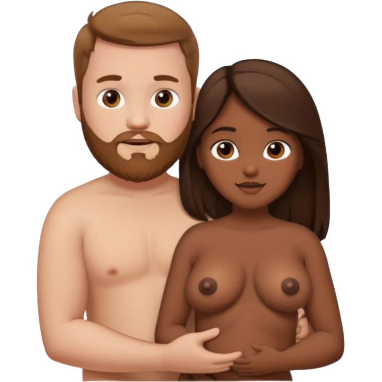 chubby white guy with brown hair and beard, holding a brown girl with long dark hair in arms, naked, showing tits and pussy emoji