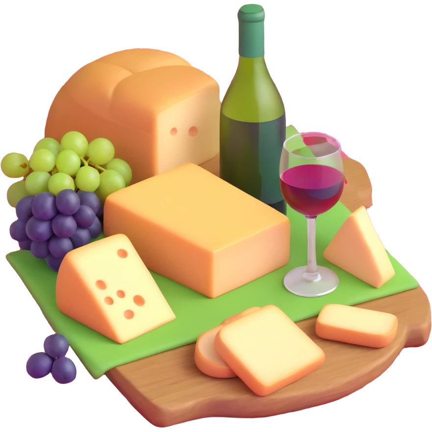 picnic with cheese, bread, grapes and wine on a red and white checkered blanket emoji