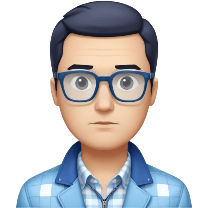 Man with square face, large dark square glasses, short straight hair combed to the side. Serious-relaxed expression. Light blue jacket, white shirt with blue checkered pattern. emoji