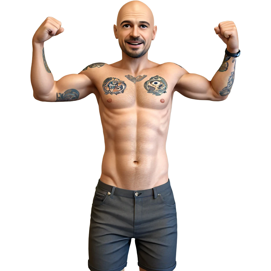 bald tattooed man in shorts emoji