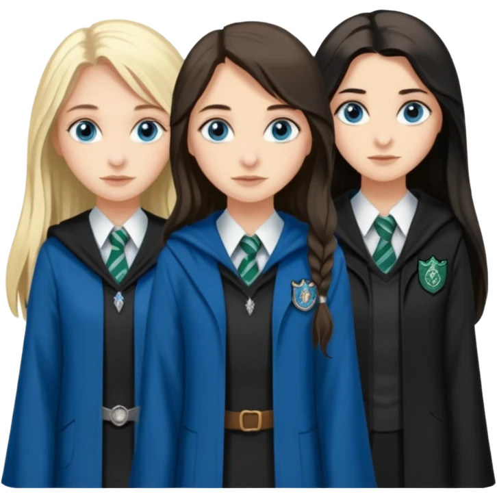 a pretty ravenclaw girl with long dark brown hair and blue eyes standing with a hot Slytherin girl with long blonde hair, blue eyes emoji