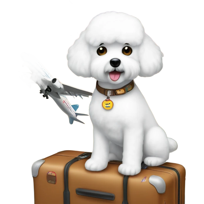 ABichon Frise standing next to a suitcase filled with iconic places stickers on the suitcase  emoji
