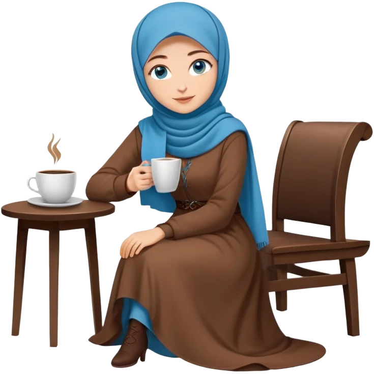 Turkish beautiful finish Konya girl blue eyes with brown hijab long tail dress and sits on the chair on the ground and holds cup coffe with her hand  emoji