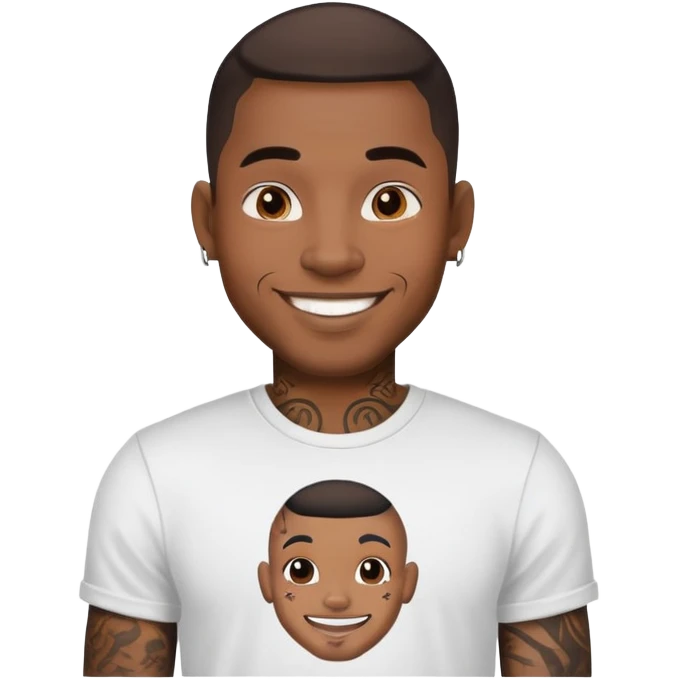 black man with face tattoos, smiling, wearing a t-shirt emoji