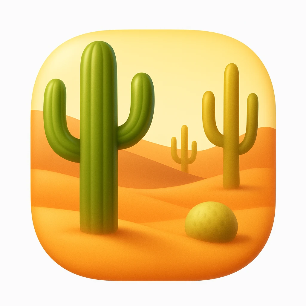 Create a desert emoji inspired by the reference image in iOS emoji style. Keep the same cacti, sand, and colors with a smooth and shiny appearance. The shape should have rounded or freeform edges, not confined to a square. Add a slight blush to the sand color. emoji