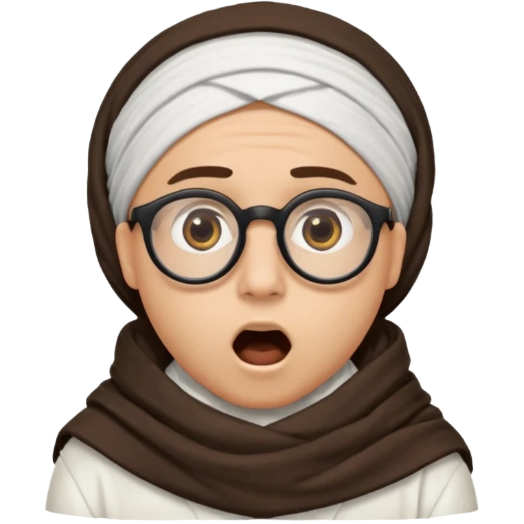 A person with light skin tone, wearing a traditional white shemagh with a BALCK AGAL, large brown eyes, round glasses, and an open mouth showing a surprised or shocked expression. emoji