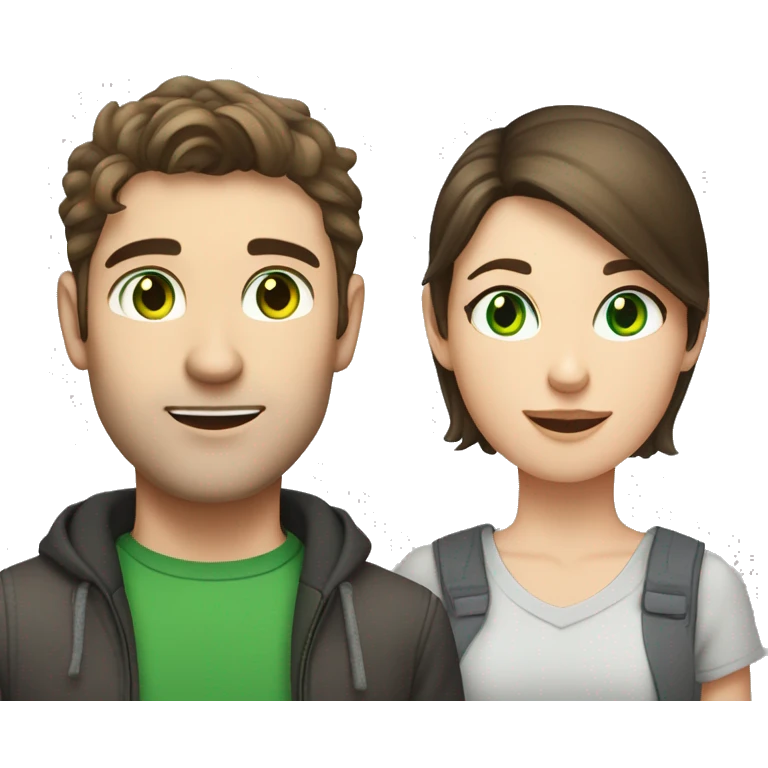 a brunette guy with fair skin and green eyes, next to him a brunette girl with fair skin and green eyes, and between them a gray tabby cat emoji