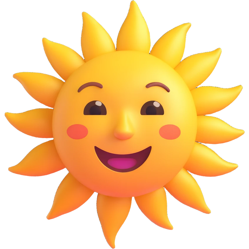 bright sun with rays, cheerful face, daylight emoji, 3D Microsoft fluent style, no text emoji