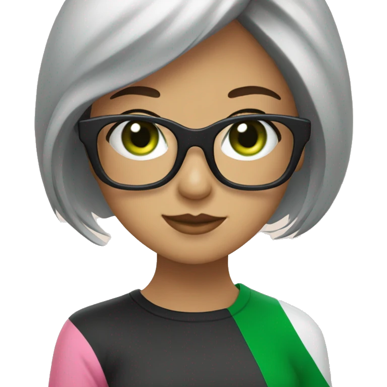 Italian girl, dark hair, green eyes, white blues, hair bang and big pink glasses square shaped emoji
