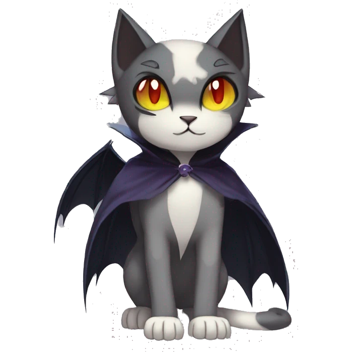   cool edgy beautiful anime-style ethereal dark-punk-themed animal vampiric cat-hybrid Fakemon with fangs and bat-wing-ears with a cape full body emoji