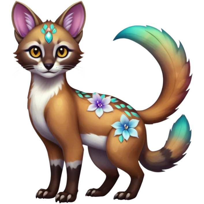 Colorful dark tropical white iridescent glorious divine exotic cute cool beautiful shiny beautiful floral fantasy-caracal-civet-genet-sergal-vernid-Cacomistle-oncilla-animal-Fakémon-hybrid-fursona (full body) emoji