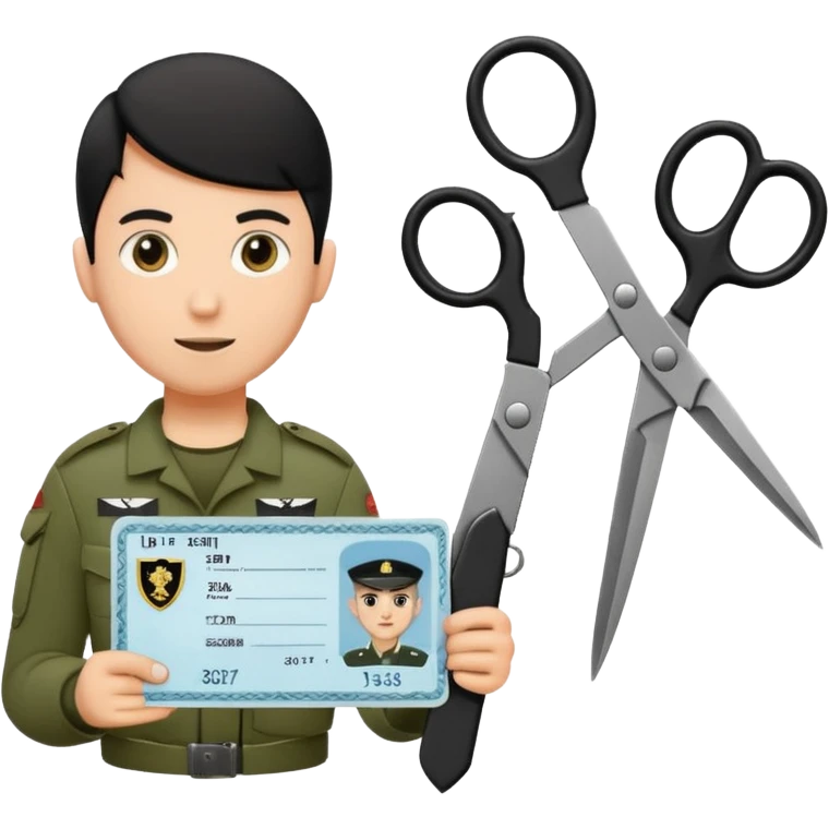 Floating black Scissors cutting in half an idf soldier ID card with a little chip in 2 parts emoji