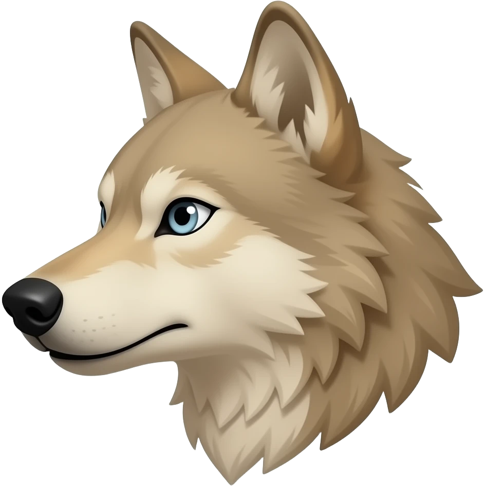 A little bit realistic aggressive face male Beige wolf head very realistic Turn sideways aggressive light blue gray eyes emoji