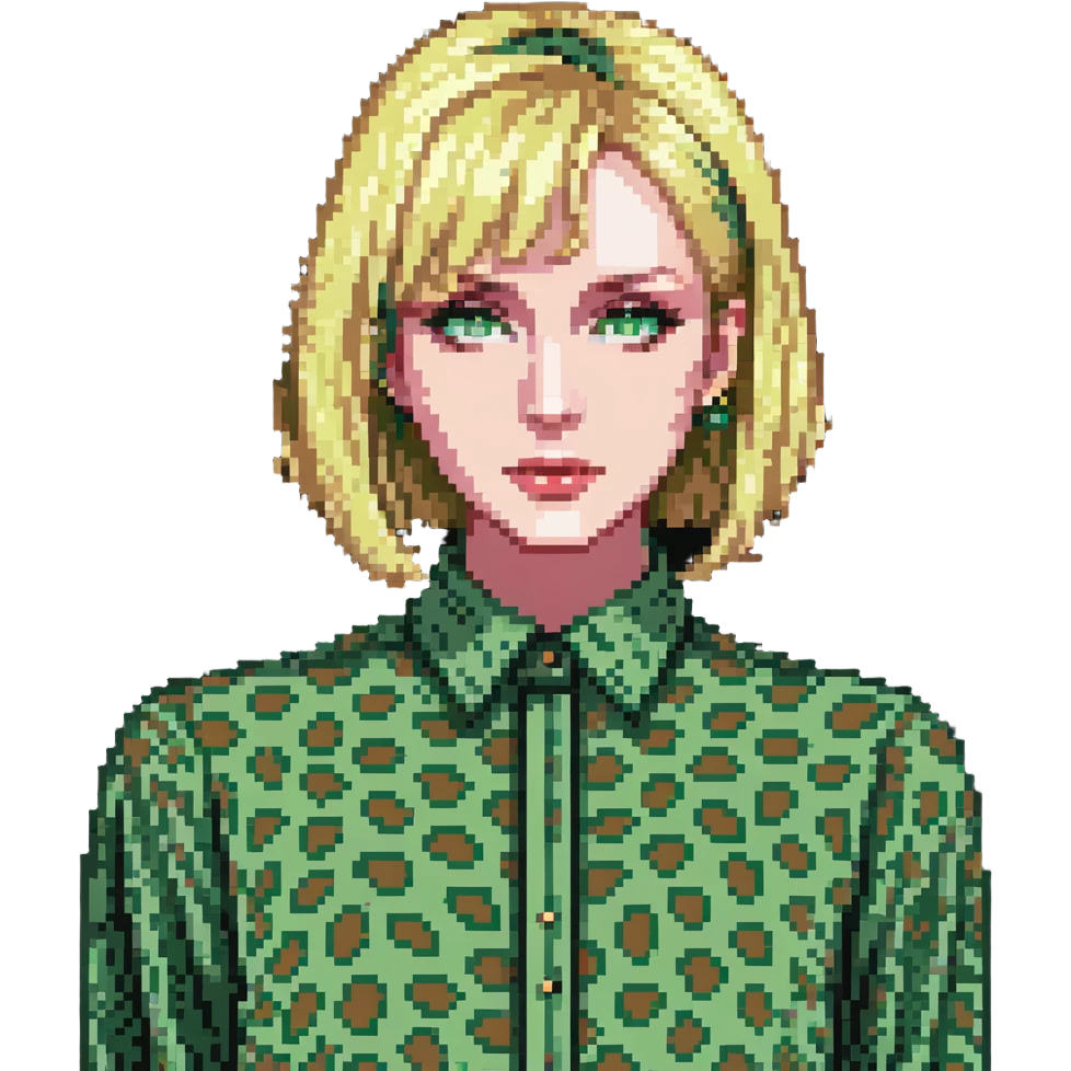 A blonde woman with green eyes and a bob haircut, wearing a green leopard print blouse emoji