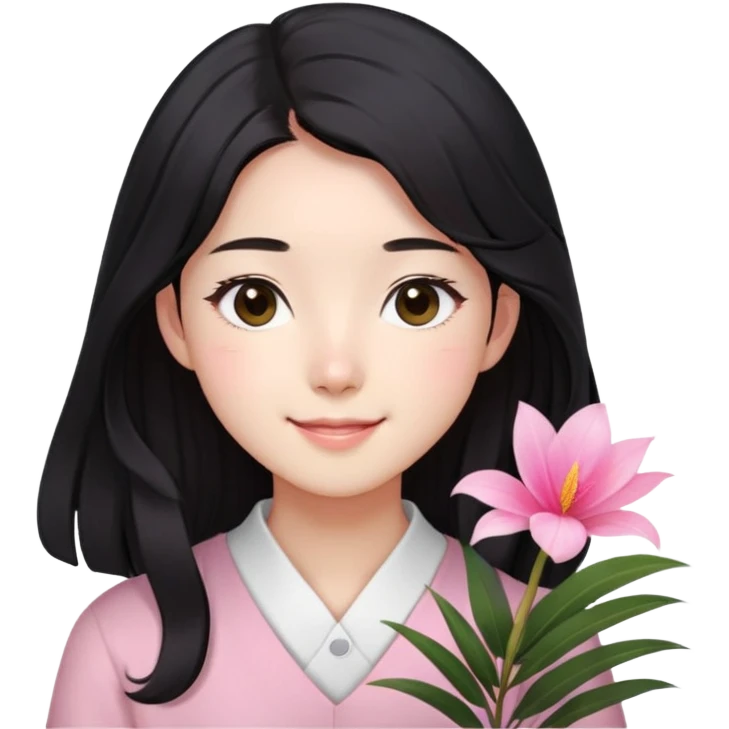  young Korean student with long, straight dark black long hair and bright, big brown eyes pink palms no bangs little curly hair. She is smiling warmly, representing a passionate English literature  emoji