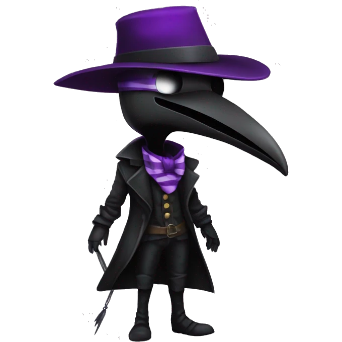 Plague doctor with bird shaped metal mask ,black fedora hat, purple striped vest, maroon shirt and Black gloves. emoji