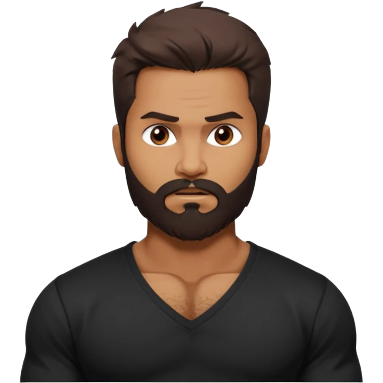 generate a pretty bratz Shahid kapoor with heavy beard and looking angry.
Make him wear a black full sleeve v neck tshirt. muscular but still lean
He shoudl look like shahid kapoor emoji
