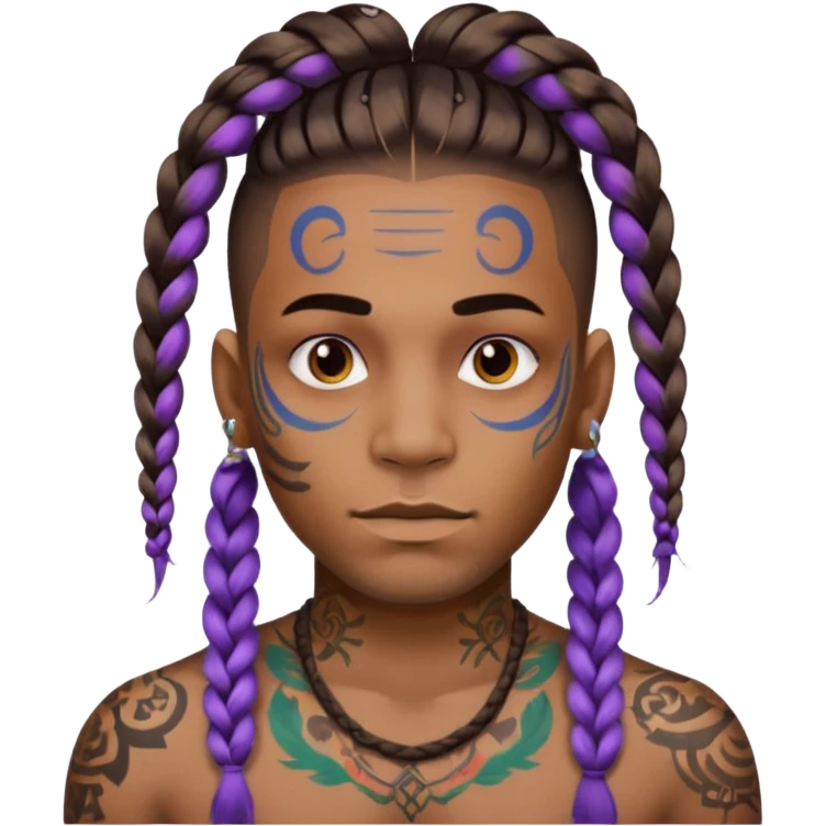 big lose braids starting from the top of the head man with mustache face wiith big visible braids and lots and lots of colored face tattoos colored tattoos like a tattoo artist hair unique color emoji
