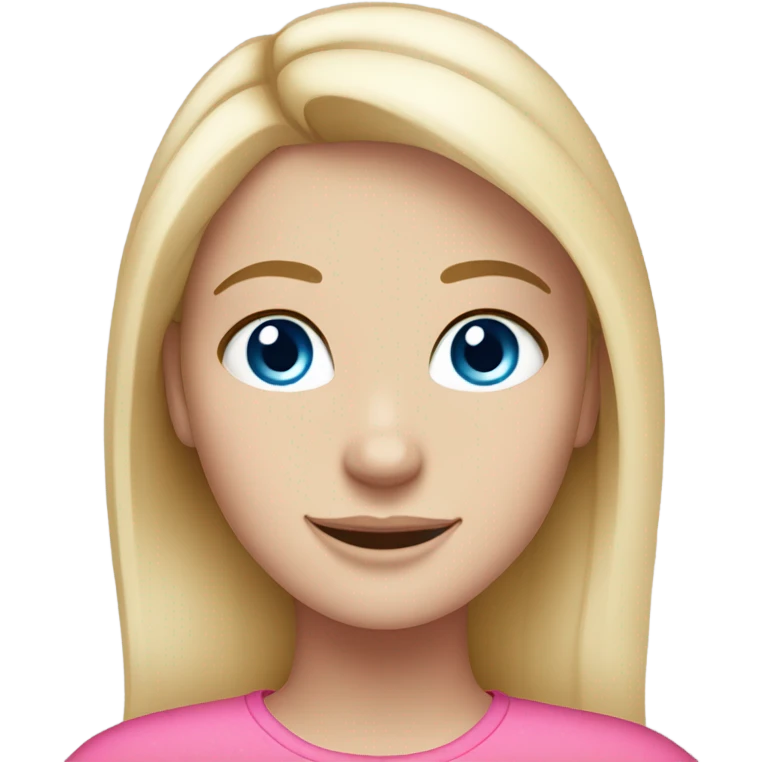 White girl with strait blonde hair and blue eyes smiling with pink places and freckles  emoji