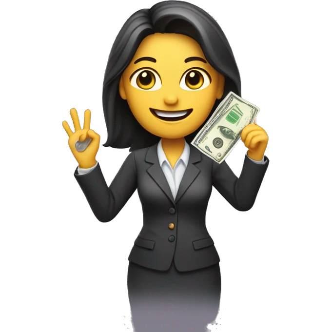 business woman with a piece of paper in the right hand and money in the left. Holding hands up and smiling. emoji