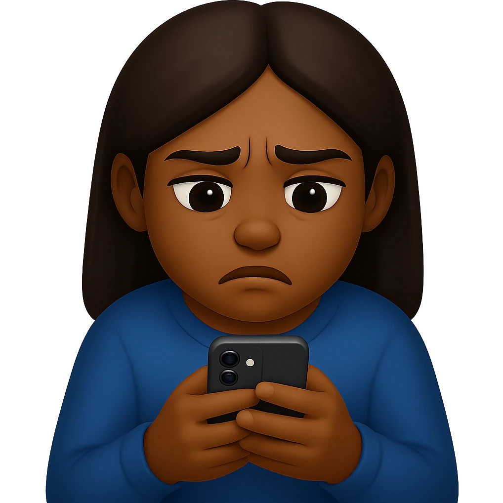 Create an image of a girl addicted to her phone with a medium skin tone in the style of emoji style. The style should reflect the characteristics of emoji style, focusing on the look and feel of emoji illustrations. emoji