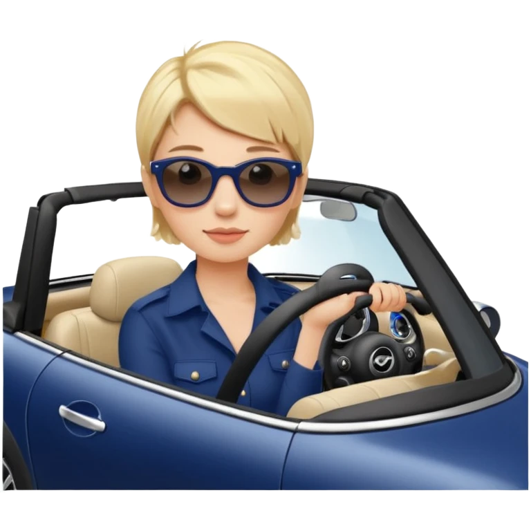 navy blue convertible Mini Cooper, with short, blonde colored haired woman driving - update woman to fair skinned emoji
