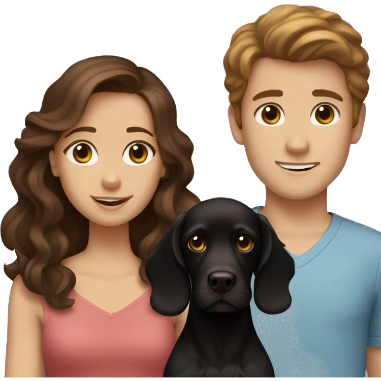 brown-haired girl and brown-haired boy with a black cocker spaniel emoji