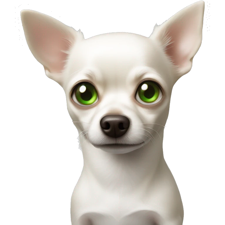 A white chihuahua in the arms of a guy with green eyes emoji