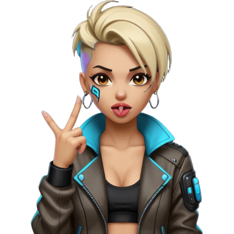 Woman with her tongue out in cyberpunk clothing and giving the middle finger. Looking naughty. emoji