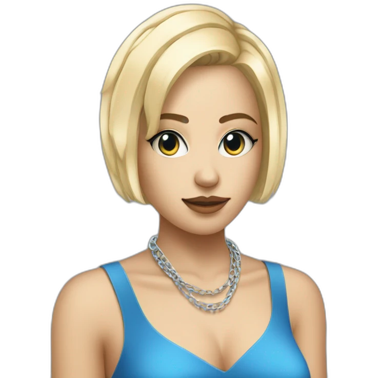 techno music girl with very short blue dress and square blonde haircut and telephone chain emoji