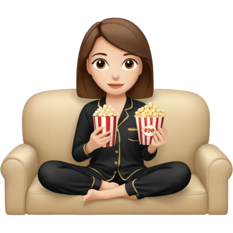 Stylish white woman with brown hair with makeup in black pyjama watching tv with popcorn on beige couch emoji