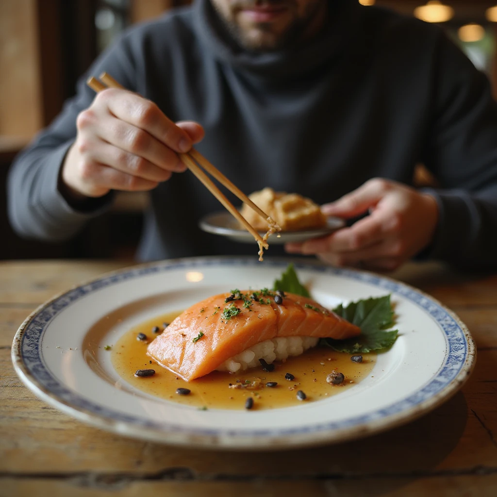 scene in a Japanese restaurant with a man eating salmon sushi and a close-up detail on the plate showing parasites, realistic 4K style emoji