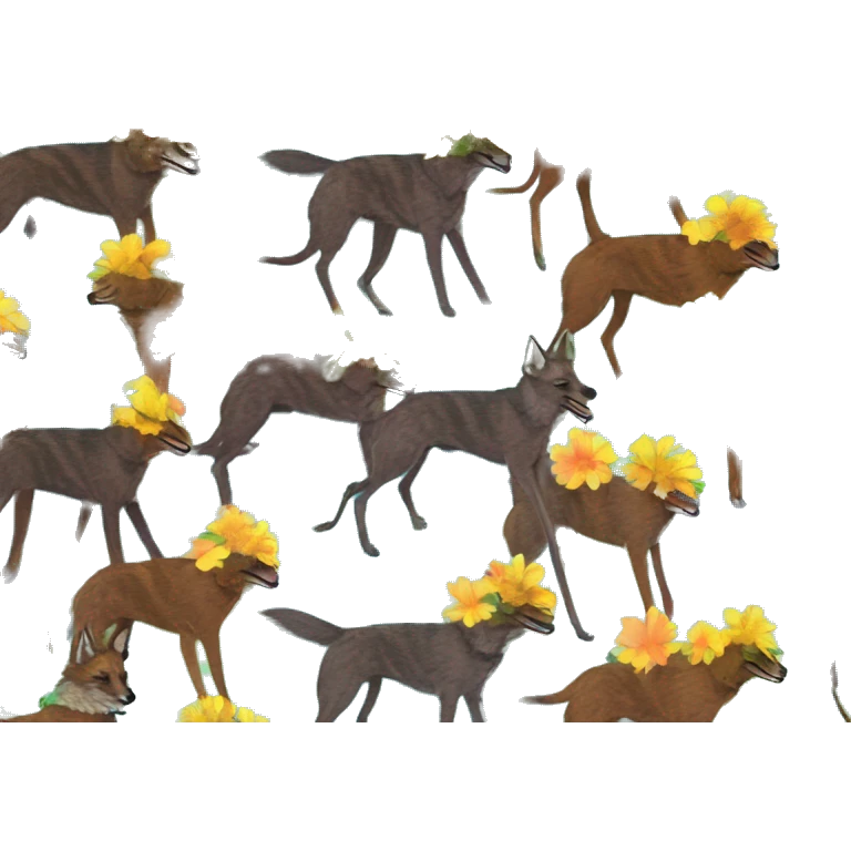  brindle brown black maroon striped lurcher Alsatian fox running blue eyes and iridescent holographic oilslick harness wearing paper iridescent tropical flower crown yellow caution tape emoji