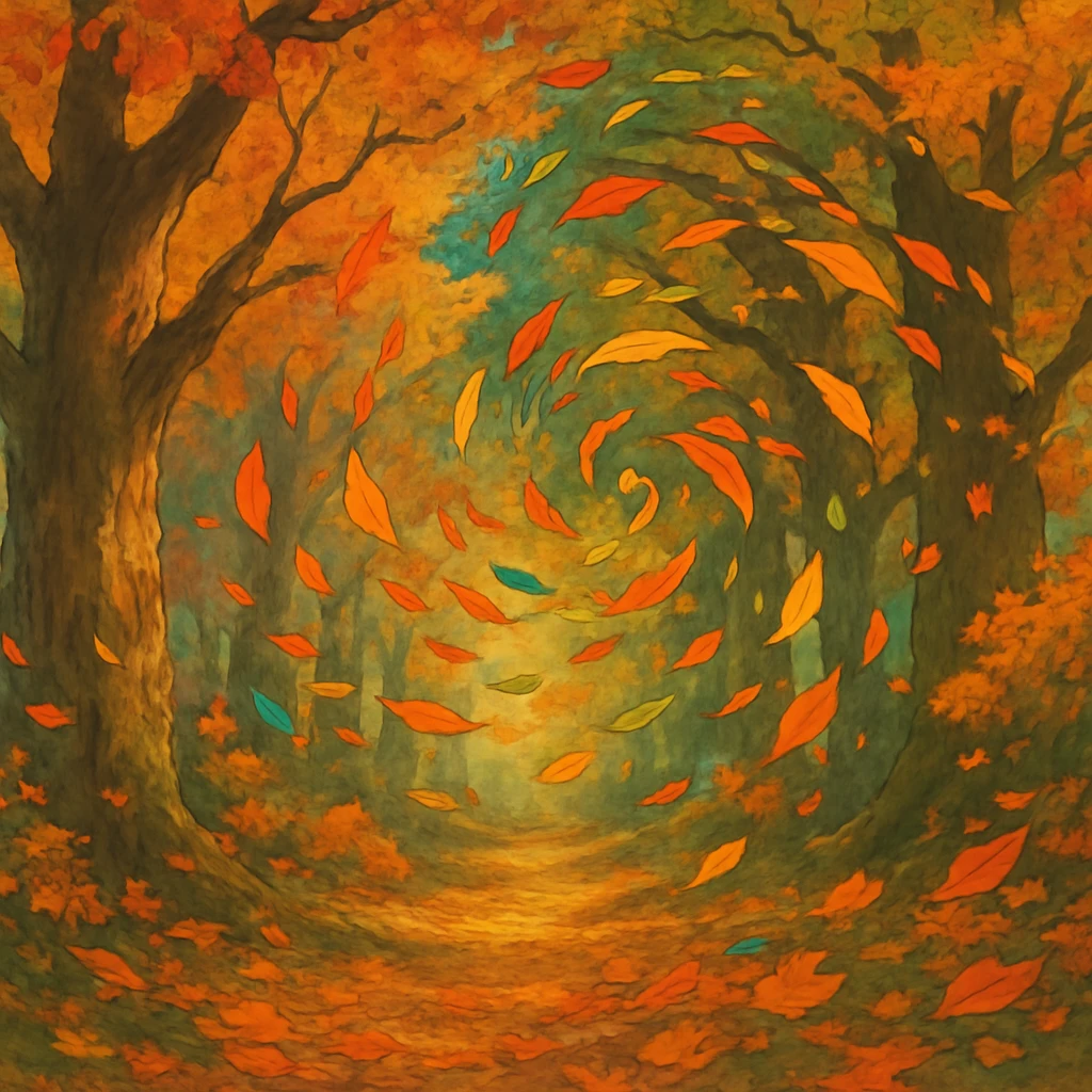 magical autumn forest with swirling colorful leaves emoji