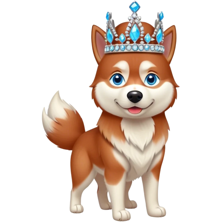 cute, disney-style red siberian husky with blue eyes wearing a bejeweled crown, full body view emoji