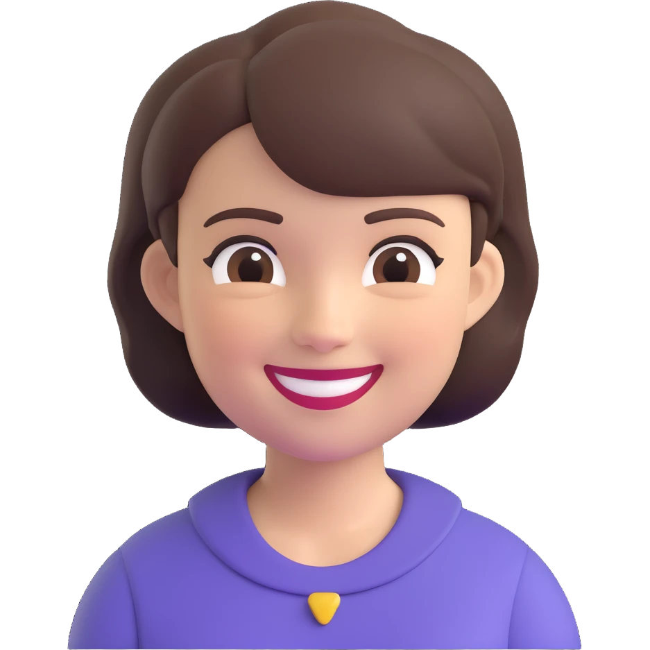 memoji-style lady with short dark brown hair, smiling emoji