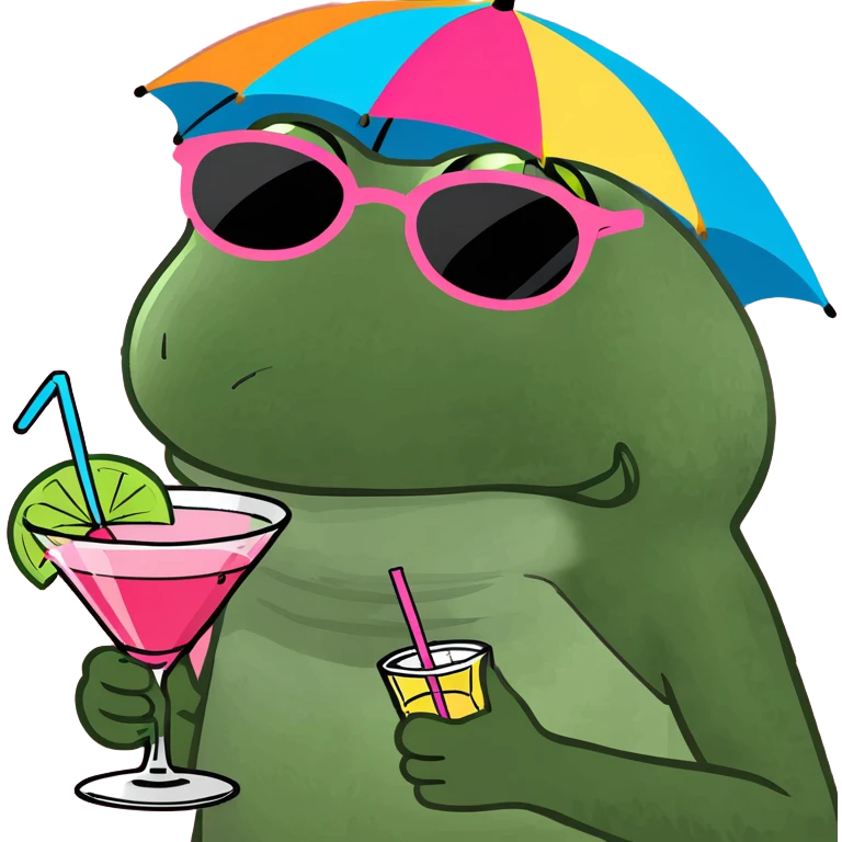 Bufo frog in a jumping pose, with rainbow umbrella hat, round sunglasses, holding a pink cocktail, classic Bufo meme style emoji