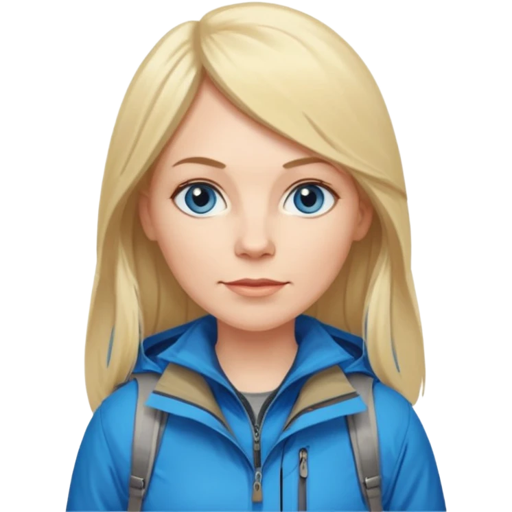 45 yr old white woman, pale skin, long straight blond hair parted in center, blue eyes, bangs, clothes for hike emoji