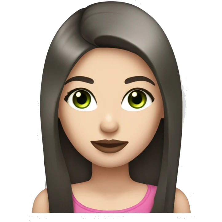 Brunette bombshell girl with long straight hair, pale skin, pink lips and green eyes emoji