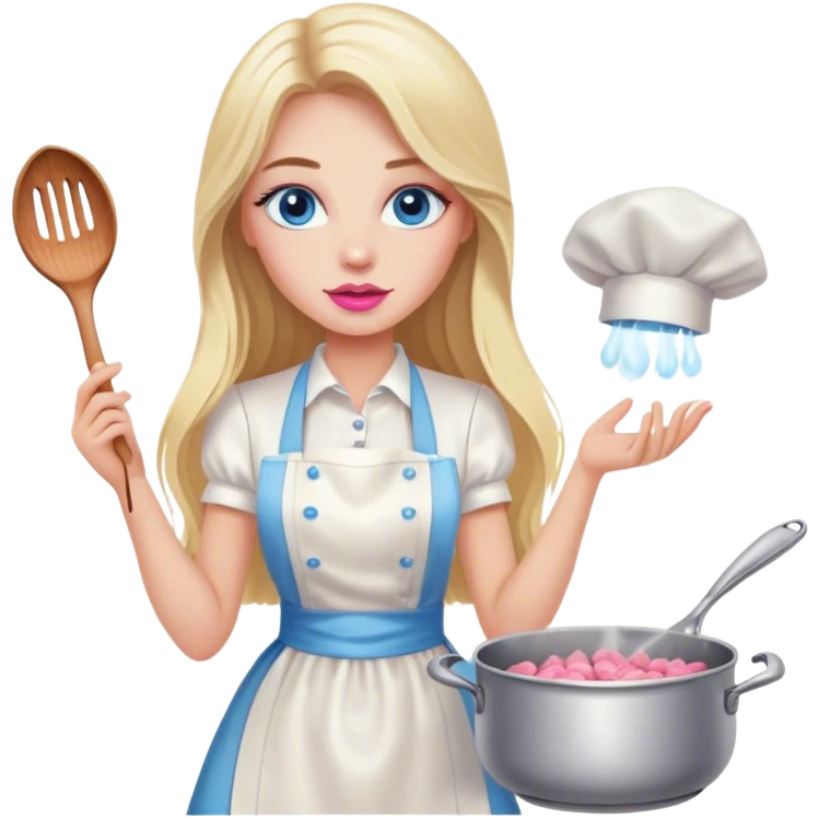 Cinematic realistic beautiful blonde with long hair, blue eyes and pink lips in a white dress cooks emoji